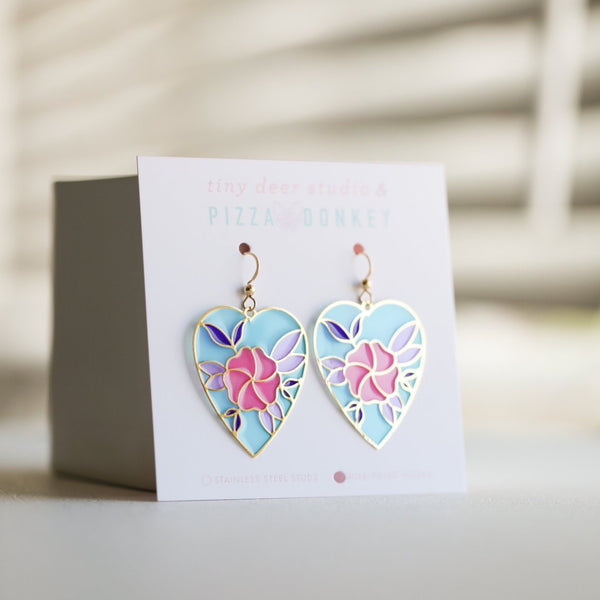 Floral Heart Translucent Drop Earrings with Pizza Donkey