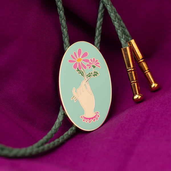 Golden Hearts - Hand and Flowers Bolo Tie