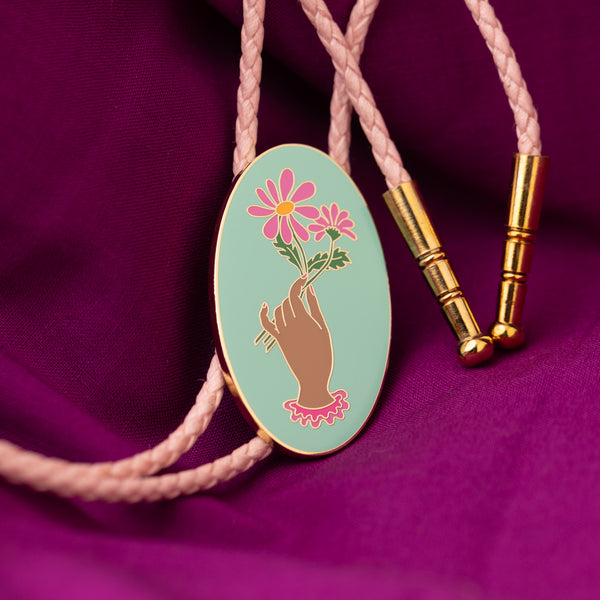 Golden Hearts - Hand and Flowers Bolo Tie