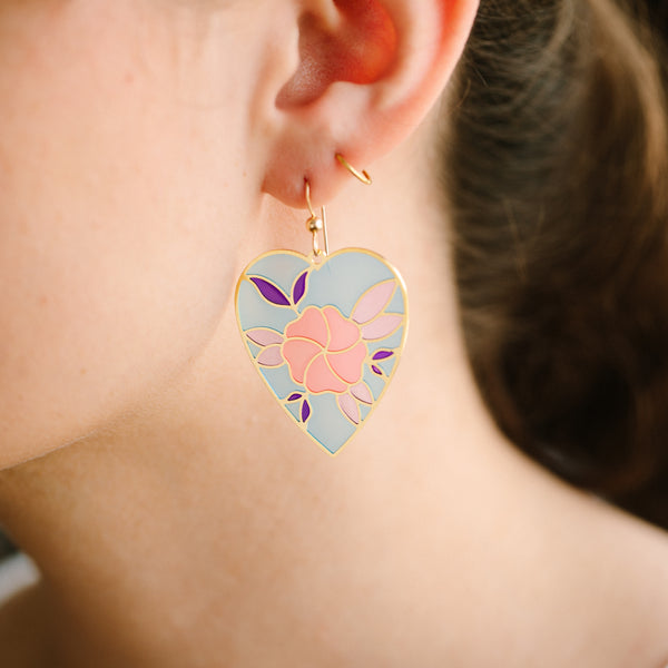 Floral Heart Translucent Drop Earrings with Pizza Donkey